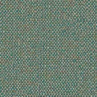 Flax fabric sample, muted teal and light gray heathered weave, dense plain texture with pale yellow strands, Camira Main Line Flax collection.